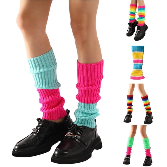 Halloween 80s 90s Neon Ribbed Leg Warmers for Women Colorful Fluorescent Wool Knitted Sock Sleeves Stylish Dance Accessories Cozy Stretchy Over-Knee Boot Toppers Holiday