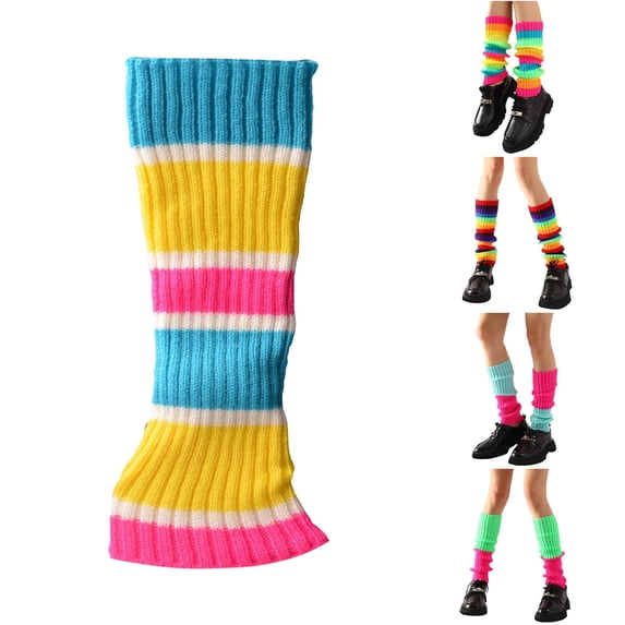 Halloween 80s 90s Neon Ribbed Leg Warmers for Women Colorful Fluorescent Wool Knitted Sock Sleeves Stylish Dance Accessories Cozy Stretchy Over-Knee Boot Toppers Holiday