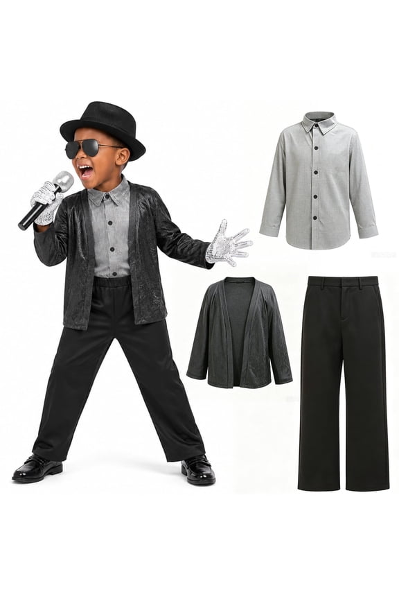 Halloween 80s 90s Pop Star Costume Cosplay Costumes, Super Star Sliver Top Pants with Black Jacket Set, Halloween Cosplay Dance Stage Outfit, 160