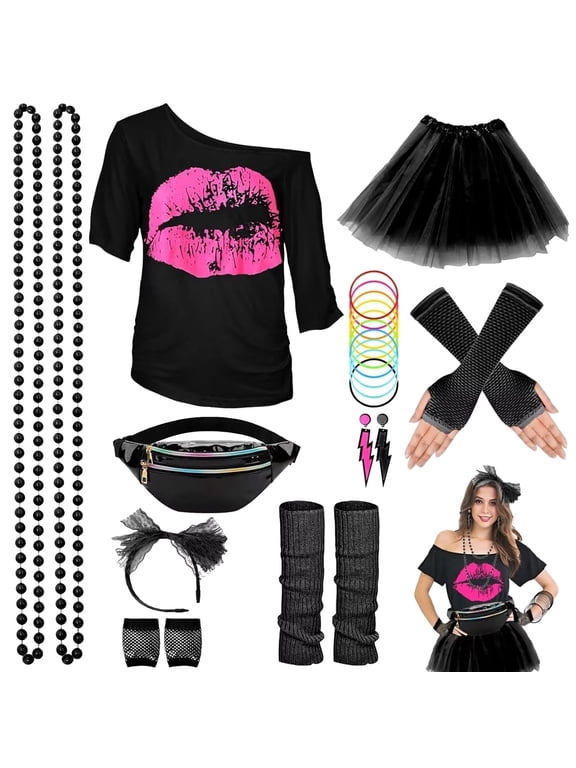 Halloween 80s Outfits Costume,80s Outfit for Women, Lip Print T-Shirt Tutu Skirt with Fanny Pack Accessories Set for Halloween Costume Party