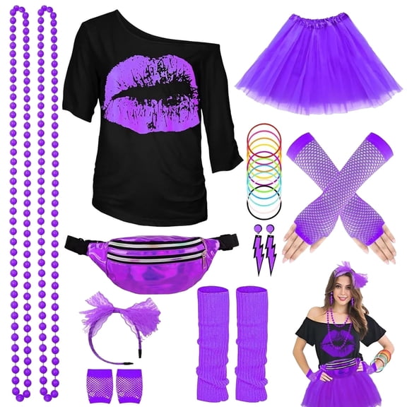 Halloween 80s Outfits Costume,80s Outfit for Women, Lip Print T-Shirt Tutu Skirt with Fanny Pack Accessories Set for Halloween Costume Party