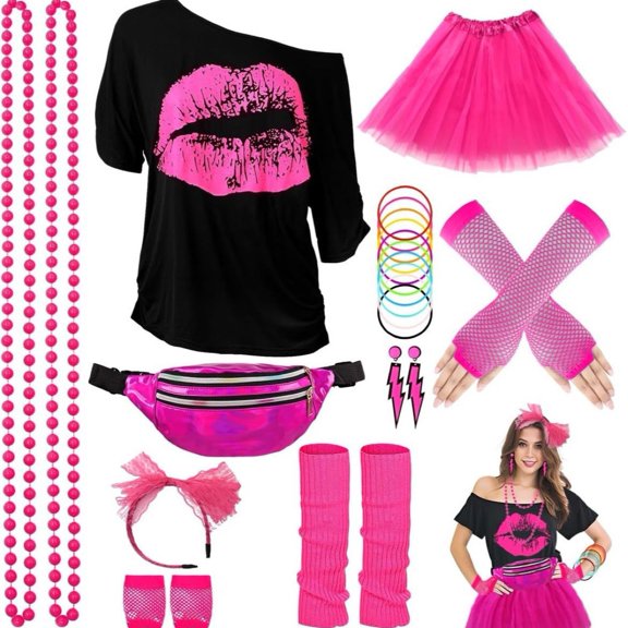 Halloween 80s Outfits Costume,80s Outfit for Women, Lip Print T-Shirt Tutu Skirt with Fanny Pack Accessories Set for Halloween Costume Party