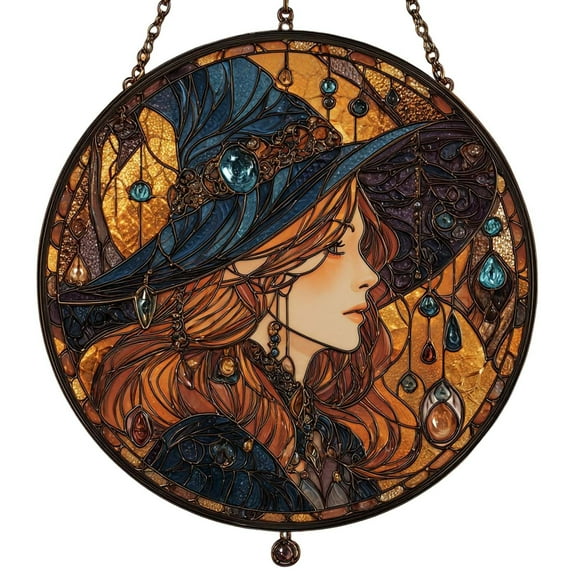 Halloween 8x8 inch Charming Moonlight Witch Acrylic Stained Glass Window Hanging Suncatcher Decor Stained Panel Hangings Wall Art Decor, Moon Suncatcher for Friends and Family