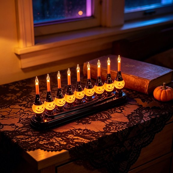 Halloween 9-Count Pumpkin Bubble Light Candolier, Vintage Style Plug-in Tabletop Decoration with Jack-O'-Lantern Shades for Home, Party, and Mantel Decor (Warm Orange Glow)