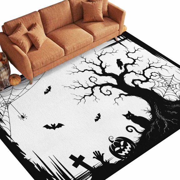 Halloween 9'x12' Area Rugs for Living Room Sectional Sofa, Fall Sitting Black Cat Goth Tree Silhouette Spiderwebs Washable Sturdy Non Slip Soft Sturdy Rectangle Home Area Rug