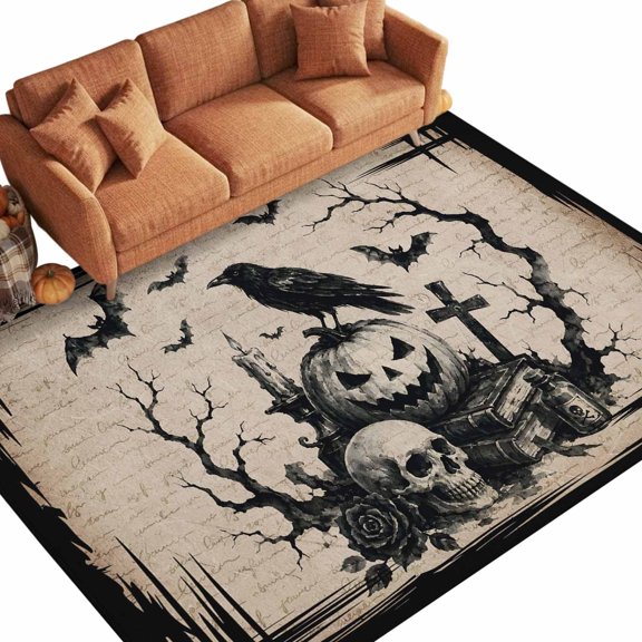 Halloween 9'x12' Area Rugs for Living Room Sectional Sofa, Fall Vintage Sitting Black Cat Goth Skull Dark Academia Rustic Washable Sturdy Non Slip Soft Sturdy Rectangle Home Area Rug