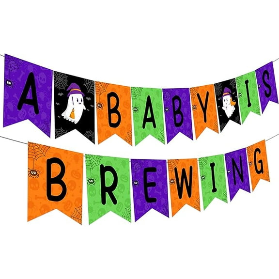 Halloween A Baby Is Brewing Baby Shower Bunting Banner, Halloween Gender Reveal Party Supplies Pregnancy Celebration for Boy and Girl