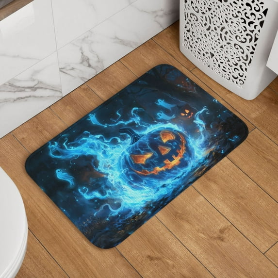 Halloween Absorbent Area Rug, Halloween Pumpkin Ghost Blue Flame Halloween Decorations Rugs for Living Room Door Mat Non Slip Indoor Carpet Halloween Decor Floor Mats 60x40in
