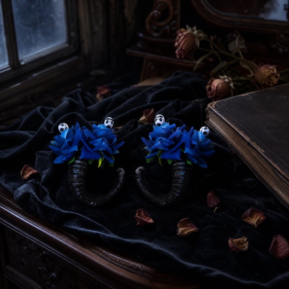 Halloween Accessories, Blue Artificial Roses, Spooky Halloween Decorations, for Girls, 4.5 Inch Gothic Devil Horn Skull Clips For, Makeup Parties, and Halloween Event Styling 1