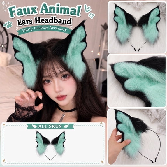 Halloween Accessories, Furry Animal Ears, Plush Ear Headbands, Fox Headband, 11X8 in Faux Mint and Black Animal Ear Headwear For, Dress Up, and Holiday Party Use