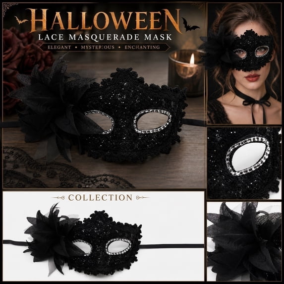 Halloween Accessory, Black Masquerade Mask for Women, Vintage Masquerade Masks with Black Lace Trim, Halloween Floral Side Rose Decoration, 6X4.5 in Black Party Eye Mask with