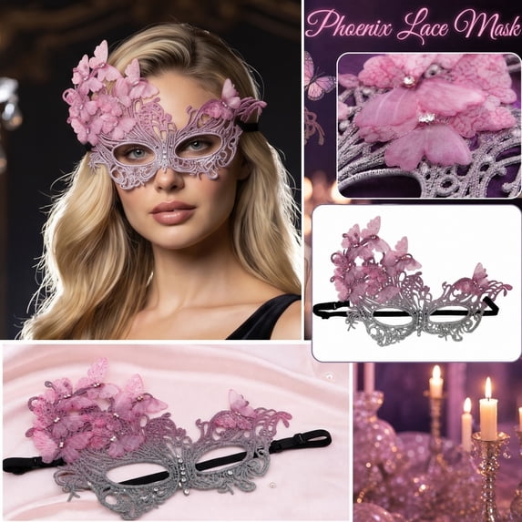 Halloween Accessory, Lace Masquerade Eye Mask, Butterfly Masquerade Mask, Vintage Masquerade Masks, Pink Gradient Phoenix Shaped Structured Eye Mask with Sheer Butterfly