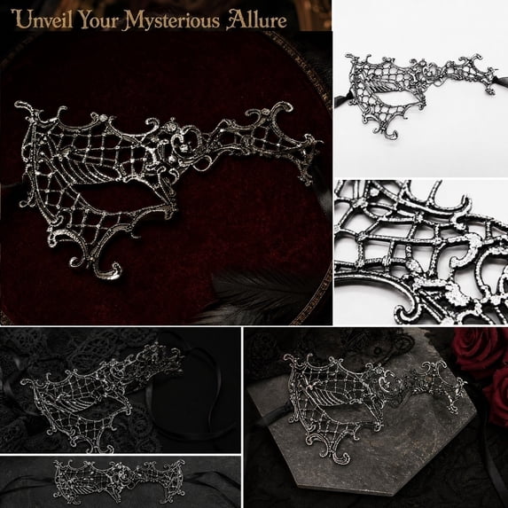 Halloween Accessory, Masquerade Mask for Women, Black Masquerade Mask for Women, Carnival Mask for Women, Silver Plated Filigree Half Face Lace Eye Mask 8X5 Inch Lightweight