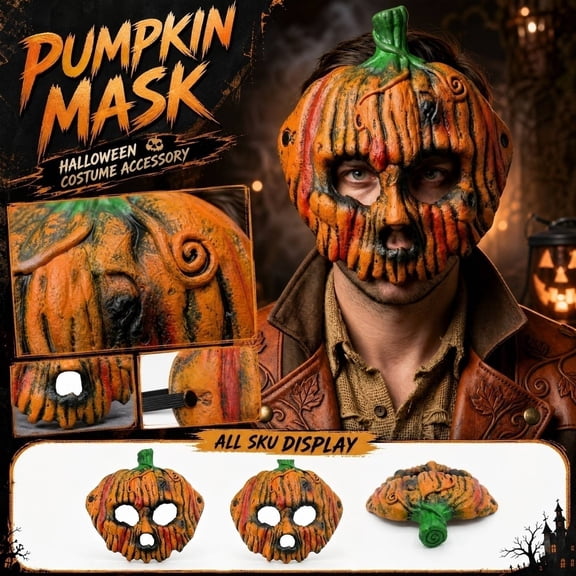Halloween Accessory, Scary Halloween Mask, Pumpkin Head Mask, Mask for Masquerade Party, 10X9 Inch 3D Half Face Orange Pumpkin Mask for Carnival Party Dress Up