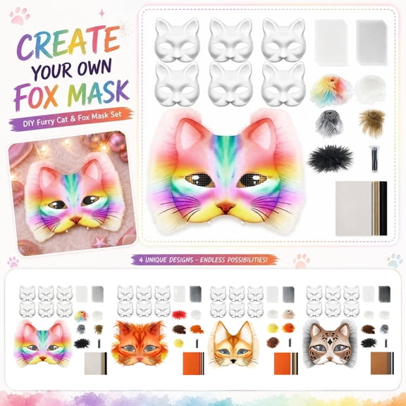 Halloween Accessory Set, Masks for Masquerade Party, Art Kit for Student, Kids Craft Supplies, 48-Piece 8X7 Inch Set with 6 Blank White Cat Masks, Mesh Sheets, Faux Strips, Fake