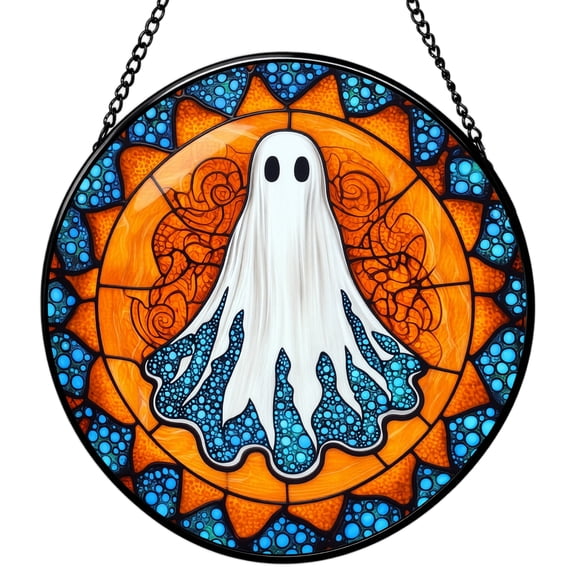 Halloween Acrylic Hanging Ornament, Stained Glass Style Ghost Pattern, 7.9 Inch Single Piece Decor with Hanging Chain, for Window Wall Porch Halloween Party Home Indoor Outdoor Spooky Holiday Decorat