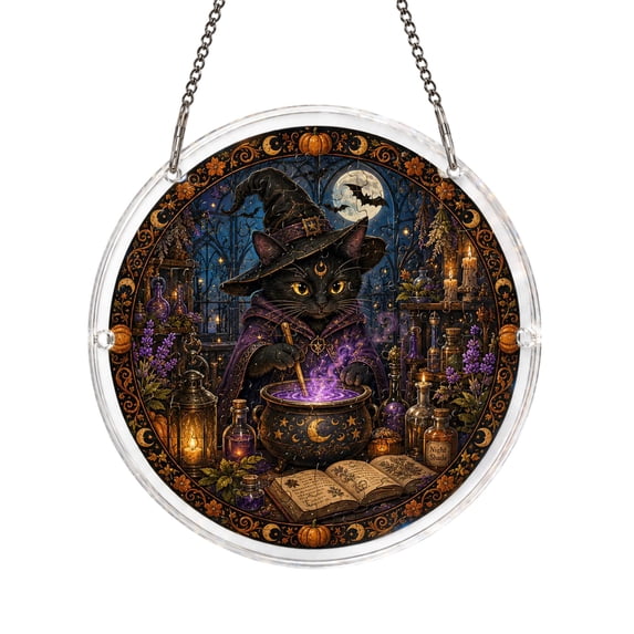 Halloween Acrylic Jigsaw Puzzle Suncatcher, Stained Glass Style Window Hanging Ornament, Halloween Decorations Indoor Cute Ghost Black Cat Art, Home Decor & Wall Decor for Halloween Party Ornament-B