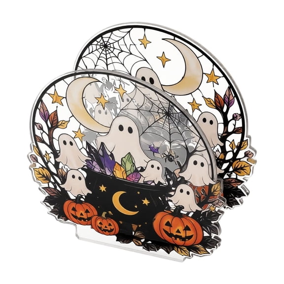 Halloween Acrylic Napkin Holder with Spooky Ghost and Pumpkin Designs Sturdy Tabletop Paper Server for Holiday Dinners Party Home Kitchen Decoration