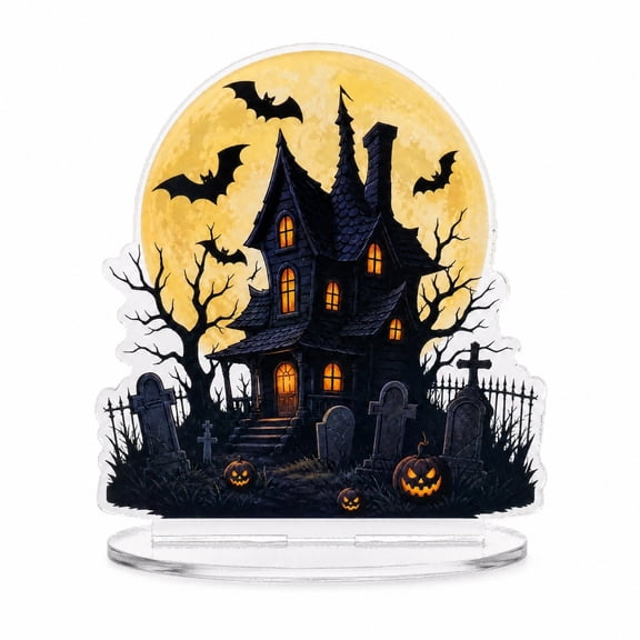 Halloween Acrylic Ornament 15cm, Witch Cottage Silhouette for Desk Shelf, Spooky Village Collection Gift