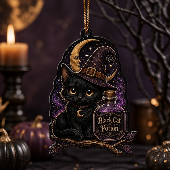 Halloween Acrylic Ornament, Black Cat Potion Spooky Tree Hanging for Cat Lovers