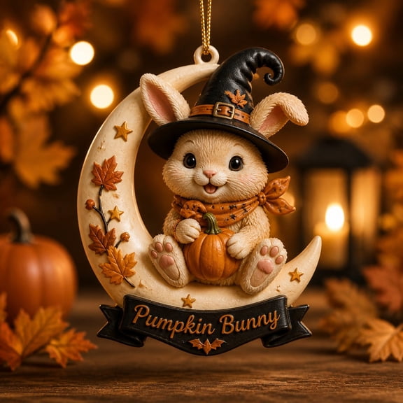 Halloween Acrylic Ornament Pumpkin Bunny in Witch Hat Hanging Decoration for Fall Decor