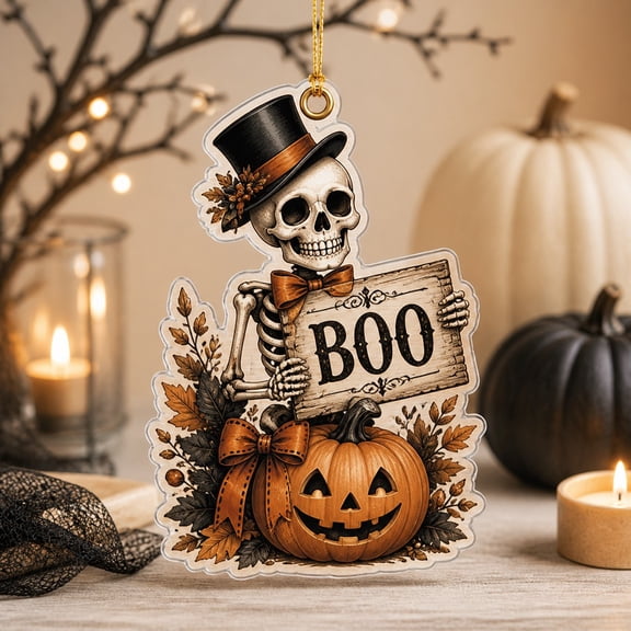 Halloween Acrylic Ornament Skeleton with BOO Sign Acrylic Spooky Tree Hanging for Halloween