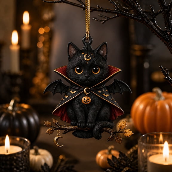 Halloween Acrylic Ornament, Vampire Black Cat Acrylic Spooky Tree Hanging for Cat Lovers