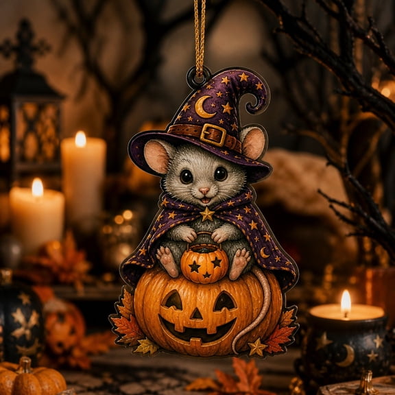 Halloween Acrylic Ornament, Witch Mouse on Pumpkin Hanging Decoration for Halloween Fans