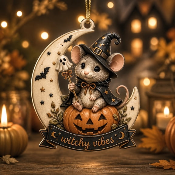 Halloween Acrylic Ornament Witch Mouse on Pumpkin for Spooky Tree Hanging