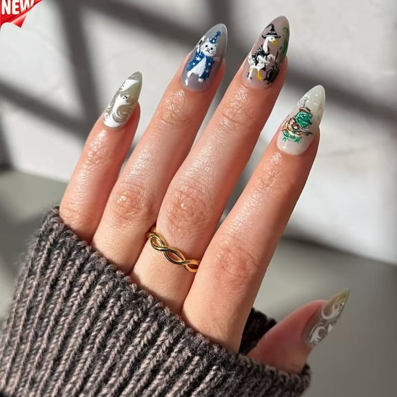 Halloween Acrylic Press On Nails Full Cover Fake False Stick On Nails, Reusable Medium Almond Artificial Nail Tips Matte Wizard Ghost Cute Design for Fall Halloween Party Daily DIY Manicure 24Pcs