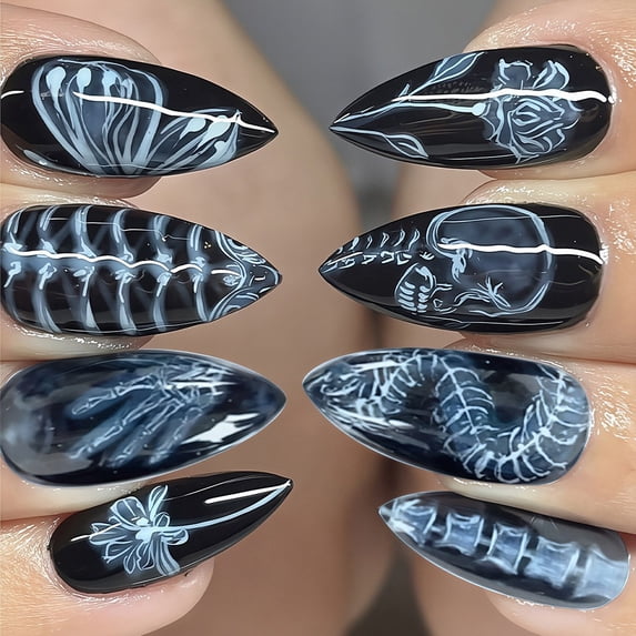 Halloween Acrylic Press On Nails Medium Almond Full Cover Fake False Stick On Nails, Reusable Artificial Nail Tips with Skeleton Skull Bone Rose Gothic Design for Halloween Party DIY Manicure,24 Pcs