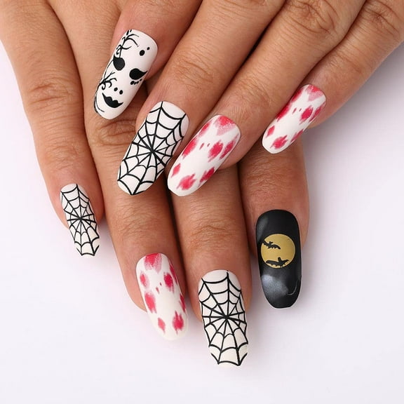 Halloween Acrylic Press on Nails Medium Fake Nails for Women False Nails with Designs Almond Matte Full Cover Stick on Nails 24PCS (Spider web) 24 Count (Pack of 1)