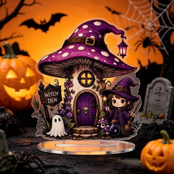 Halloween Acrylic Stand Up Figurine, 6 Inch Double-Sided Gothic Witch House, Cute Ghost Desk Decor for Party Shelf