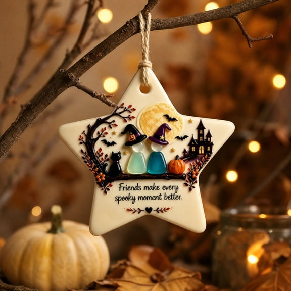 Halloween Acrylic Star Hanging Decoration, 2D Flat Spooky Ornament with Witch Pumpkin Castle Bat Design, Clear Window Wall Tree Decor for Party Display, Friendship Holiday Gift