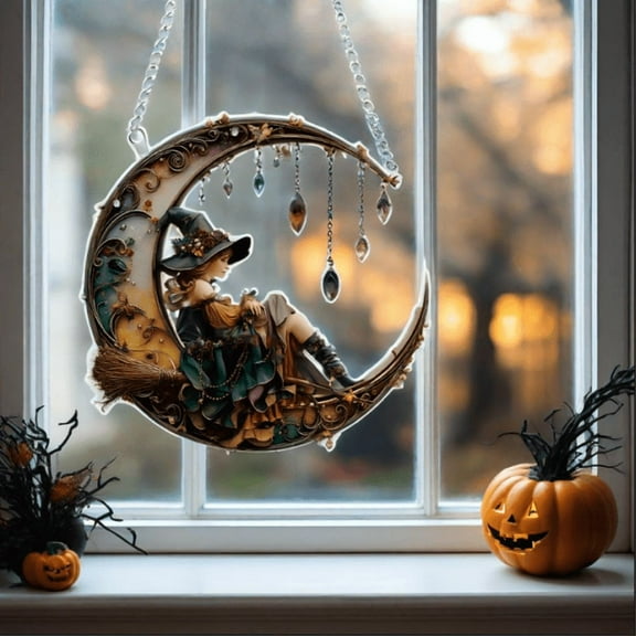 Halloween Acrylic Window Hanging Decor Witch Hat Ghost Suncatchers,Spooky Gothic Ornaments for Home,Outdoor Party Decorations,Stained Style Hanging Art for Windows,Porch Wall Decor