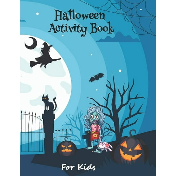 Halloween Activity Book for Kids: Coloring pages, Word search, Mazes, Sudoku with Pumpkin Skeleton and Cat design, (Paperback)