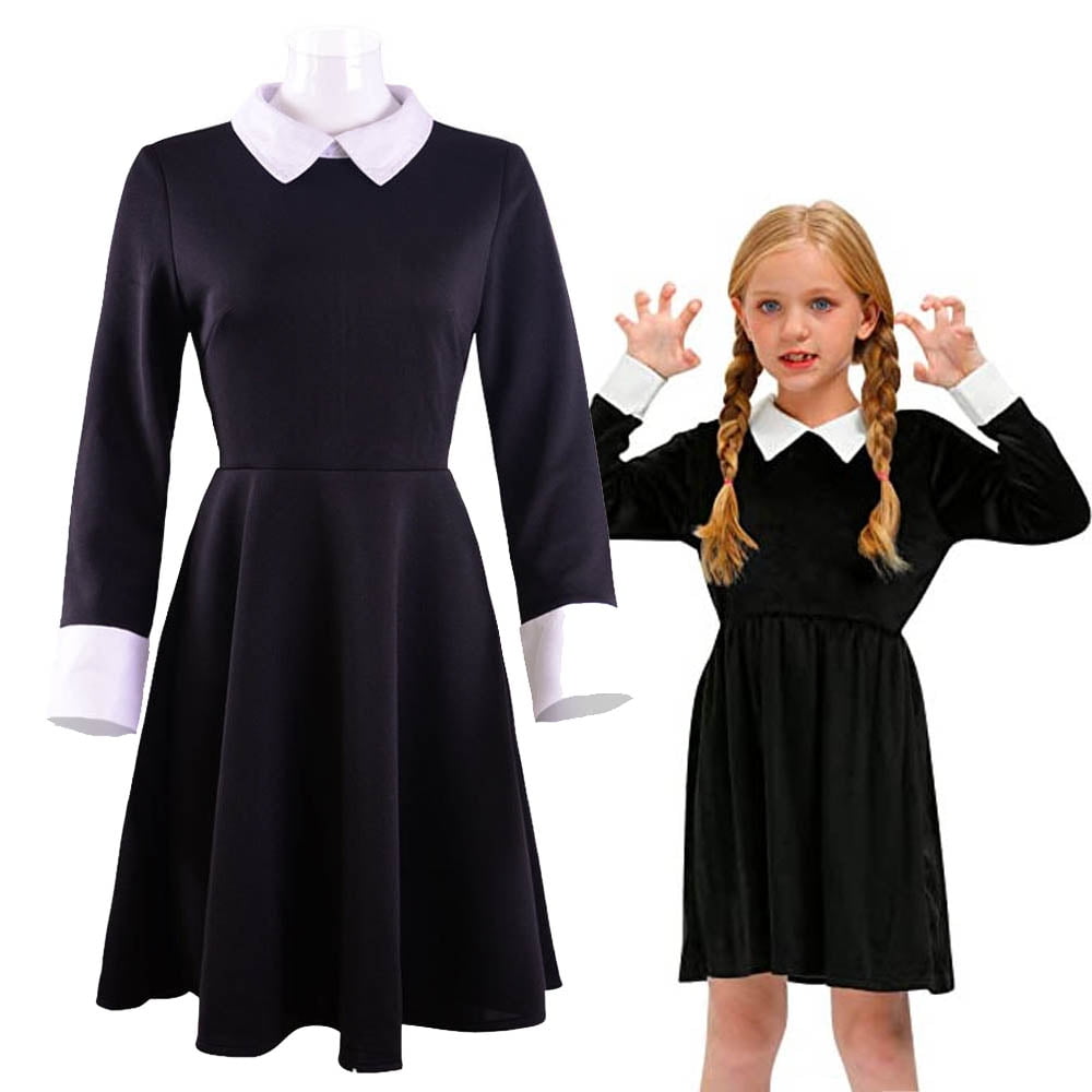 Wednesday Addams Costume Girls Peter Pan Collar Dress Short Sleeve  Halloween Outfit