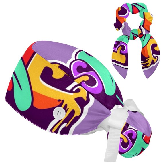 Halloween Adjustable Women Scrub Cap with Buttons Bow Hair Scrunchy Sweatband