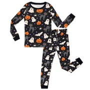 Toddler Boys Halloween Pajamas Black Cotton Spooky Ghost Cat Sleepwear Set Long Sleeve Ribbed Outfits for Kids,Black