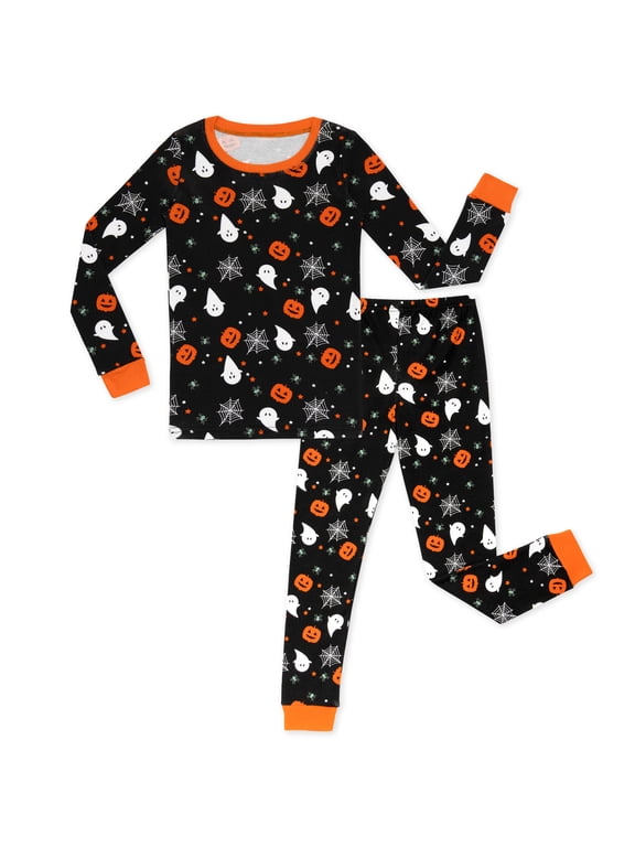 Halloween Boys Pajamas Soft Cotton Breathable Long Sleeve Pumpkin Ghost Print Ribbed Sleepwear Set for Kids,Black