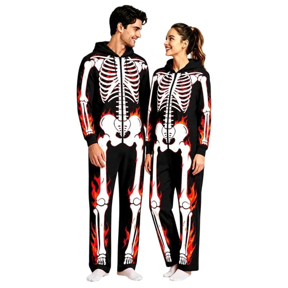 Halloween Adult Onesies Skeleton Hooded Long Sleeve Halloween Pjs Women Men Soft Plush One Piece Jumpsuits Loungewear Romper Unisex Outfit Fall Winter