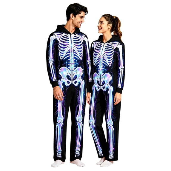 Halloween Adult Onesies Skeleton Long Sleeve Hooded Pajamas for Women Men Stretchy Oversized Jumpsuit Loungewear Sleepwear Outfit for Halloween Party