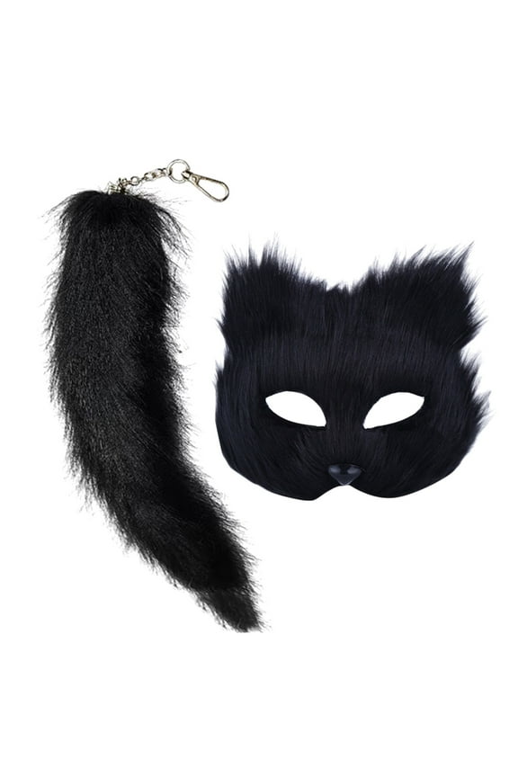 Halloween Adult Plush Face Guard Black Animal Plush Face Guard Makeup Dance Men And Women Half Face Simulation Face Guard With Cute Tail Keychain Pendant Event & Party Home Decor