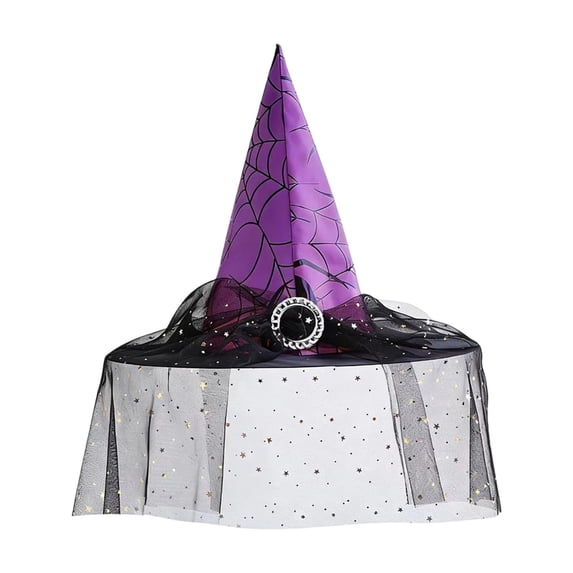 Halloween Adult Women Witch Hat, Pointed Hat Decorated with Spider Web Tulle and Rhinestone Ring, Costume Accessory Ideal for Halloween Party Outfits, Cosplay
