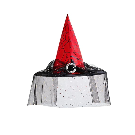 Halloween Adult Women Witch Hat, Pointed Hat Decorated with Spider Web Tulle and Rhinestone Ring, Costume Accessory Ideal for Halloween Party Outfits, Cosplay