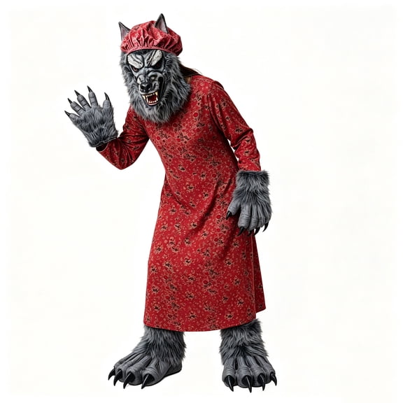 Halloween Adults Wolf Granny Costume with Wolf Head Mask & Hat,Shoes,Gloves,Scary Big Bad Wolf Outfit Accessories