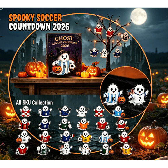 Halloween Advent Calendar 2026,24 Day Halloween Ghost Countdown Calendar, National Football Team Ghost Ornament Collection Box, Party Giveaway Favors for Kid Soccer Fans All Ages