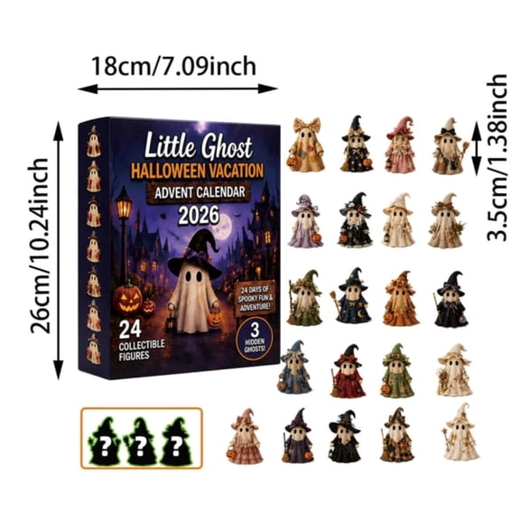 Halloween Advent Calendar 2026, 24Pcs Retro Mini Ghost Witch Statues Countdown Box with 3 Rare Hidden Ghost Figures, Indoor Fall Table Decor, Spooky Season Boo Basket Gift for Women Teens