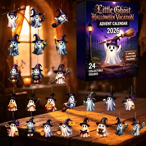 Halloween Advent Calendar 2026 2D Acrylic Ghost Hanging Ornament Set LED Lighted Display Frame for Spooky Home Decor, Perfect for Parties, Wall and Window Decorations, Family Countdown Fun