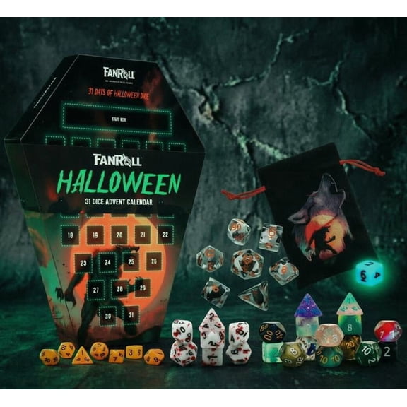 Halloween Advent Calendar 2026 - 31 Days of Dice Countdown in Coffin Box - Werewolf, Metal & Blood Splatter RPG Gaming Dice Set with Exclusive Storage Bag.